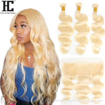 HC Hair 613 Blonde Bundles With Frontal Brazilian Human Hair Weave Body Wave 3 Bundles With 13x4 Lace Frontal Closure Remy Hair